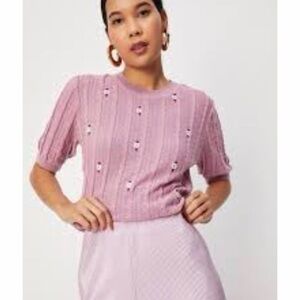 Max Women Cable Knit Embroidered Top Pink Small S blouse cottagecore floral